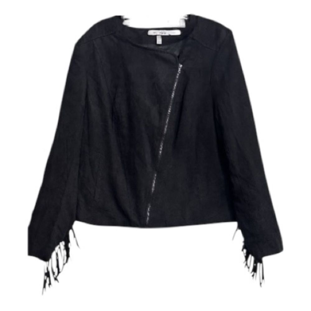 WD.NY Black Suede Fringe Jacket Size 1X Full Asymmetrical Zipper Chic Boho